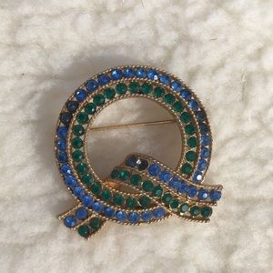 Brooch with Blue and Green Rhinestones